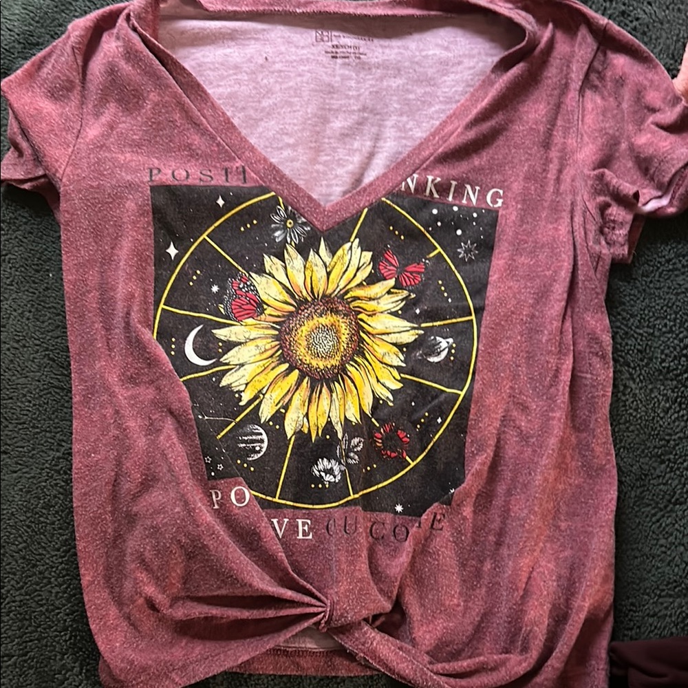 Women's Maroon Graphic Tee with Sunflower Design